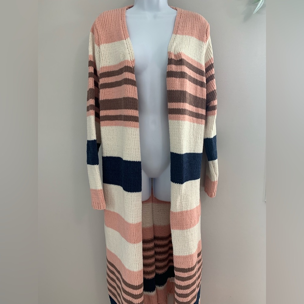 Umgee Pink and Navy Striped Cardigan With Fringe